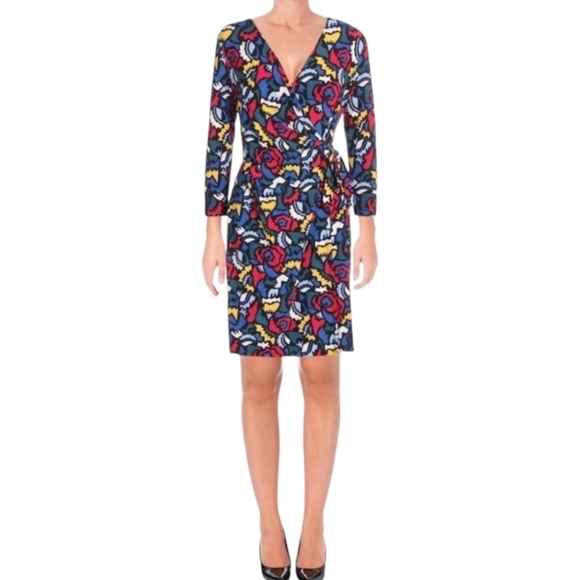 Anne Klein Pop Art Graphic Faux Wrap Dress Size Medium - Picture 1 of 6